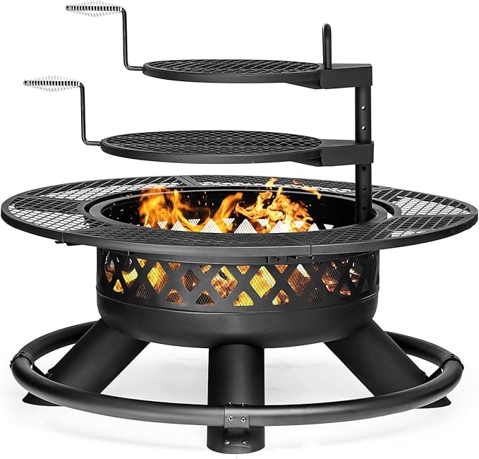 Panovue 47 Inch Outdoor Wood Burning Fire Pit with 2 GrillsExtra Large 3-in-1 Fire Pit with Metal Lid &amp Fire Poker Heavy Duty BBQ Firepits for Outside Backyard Bonfire Patio &amp Party (47''