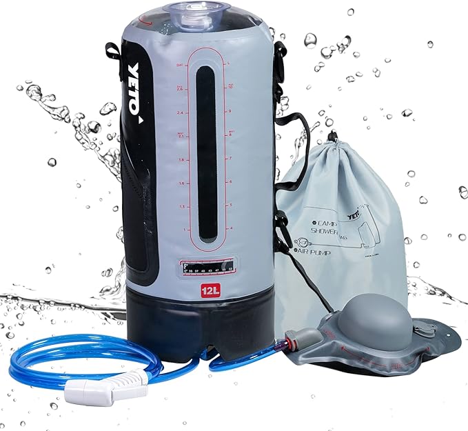 yETO 12L/3.17 Gallons Portable Camping Shower Portable Shower for Camping Camp Shower Solar Shower Outside Shower with Pressure Foot Pump and Handy Nozzle Camping Showers Camping Shower Bag GREY-12L