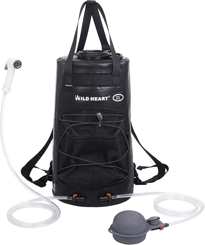 WILD HEART Camping Shower 5.8 Gallons/22L Portable Camp Shower Bag with Upgraded Screw Lid Water Level Window Pressure Foot Pump and Handy Nozzle Solar Shower for Beach Camping Hiking Trip