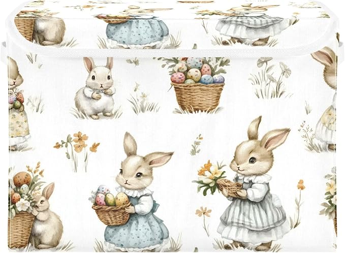 senya Easter Baskets Collapsible Storage Bins with Lids Rabbit Flower Grass Pattern Storage Boxes Clothes Baskets for Organizing
