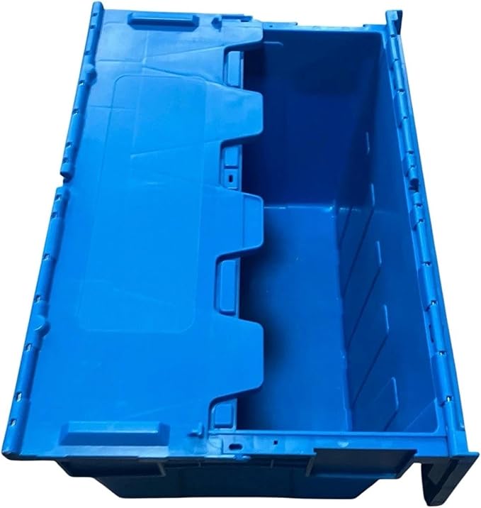 1 PCS 16.5 Gallon Industrial Distribution Tote with Hinged Attached Lid – Stackable &amp Nestable Reusable Heavy-Duty Transport Container for Warehouse Logistics and Moving Use
