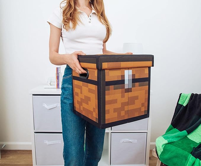 Minecraft Brown Chest 13-Inch Storage Bin Chest With Lid | Foldable Fabric Basket Container Cube Organizer With Handles Cubby For Shelves Closet | Home Decor Essentials Video Game Gifts