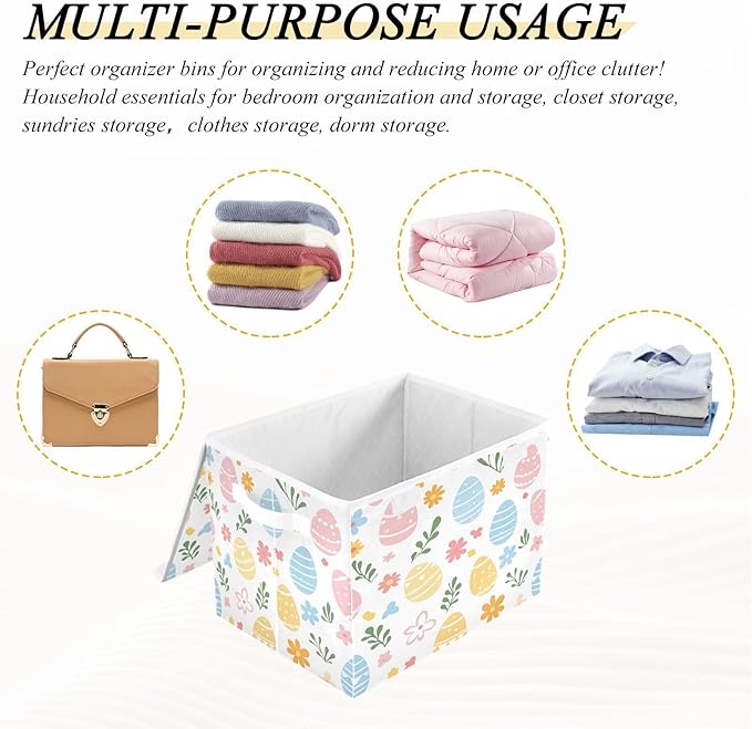 Christmas Storage Baskets with Lids Colorful Easter Egg Collapsible Bins Stackable Fabric Linen Baskets Closet Organizer Container 16.5x12.6x11.8