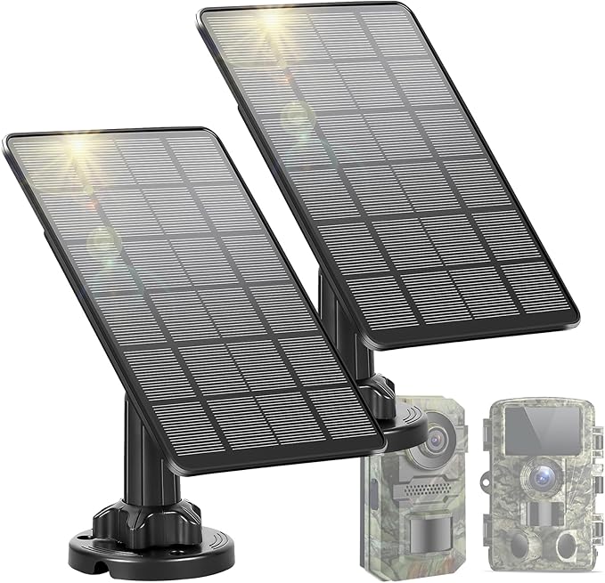 LIYVZ Trail Camera Solar Panel with Bulit-in 5000mAh Battery 2 Pack 3W Solar Panel for Trail Camera IP66 Waterproof Multi Interfaces with USB-C &amp DC 6V/9V/12V Output 360° Adjustable