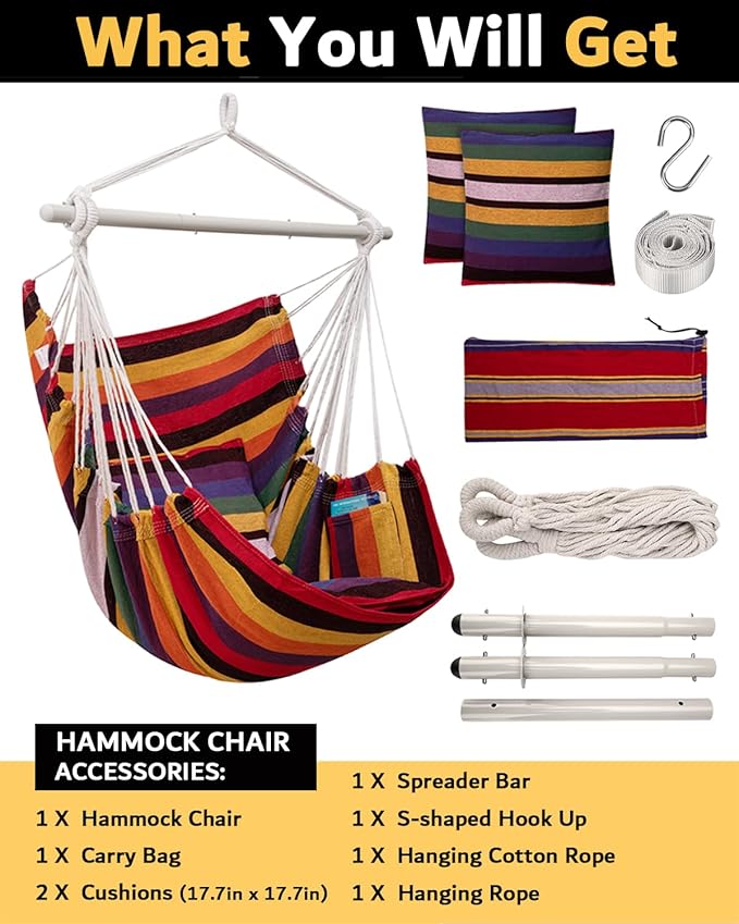 MIZTLI Hammock Chair Hanging Chair Swing Chair Hanging Chair for Bedroom Indoor Outdoor- Max 500 Lbs－Steel Spreader Bar with Anti-Slip Rings 2 Cushions
