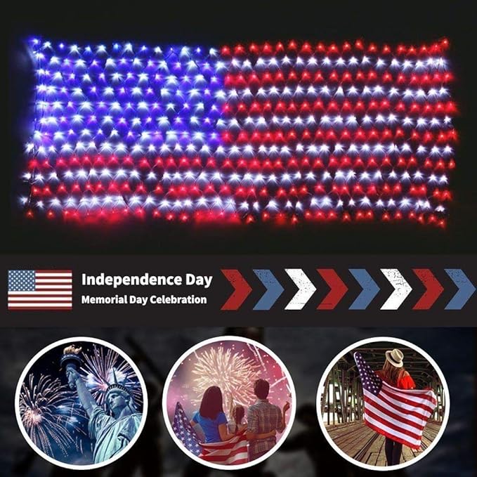 DBFAIRY Solar American Flag Lights Outdoor420 LEDs American Flag Net Lights 6.5ft x 3.28ft Super BrightMemorial Day Decorations of The United States for Independence/National/Memorial DayJuly 4th