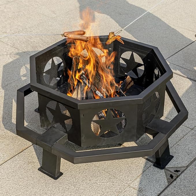 Panovue 35 inch Fire Pit for Outside Heavy Duty Wood Burning Fire Pits with Fire Poker Outdoor Octagonal Firepit for Camping Yard Patio
