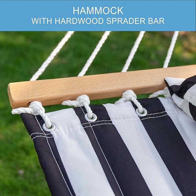 Lazy Daze Hammocks 12FT Quilted Fabric Double Hammock with Spreader Bars and Detachable Pillow 2-Person for Outside Patio Poolside Backyard Beach 450 lbs Capacity Black White
