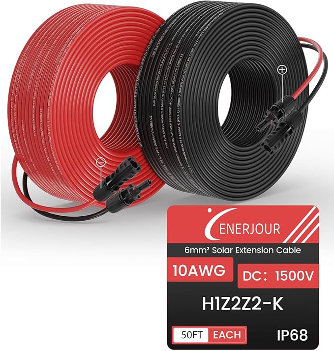 10AWG Solar Extension Cable 50FT Solar Panel Wire 10 Gauge Tinned Copper PV Wire with Waterproof Female and Male Connector for Home Marine RV Solar Photovoltaic Systems