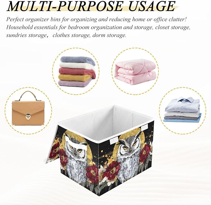AIXIWAWA Lidded Storage Cube (Floral Owl) Fabric Foldable Closet Bins with Flip Lid and Handles Organizer Basket Container 16.5 x 12.6 x 11.8 IN
