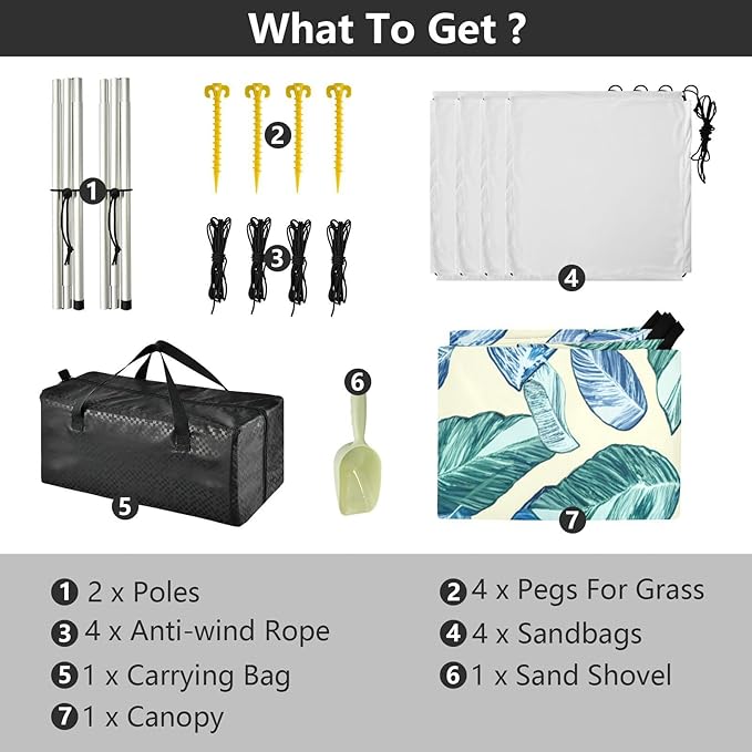 Beach Canopy with Windproof Ropes &amp Sandbags Beach Tent Sun Shade Sun Shelter for Camping Trips Fishing Backyard Fun or Picnics Leaves