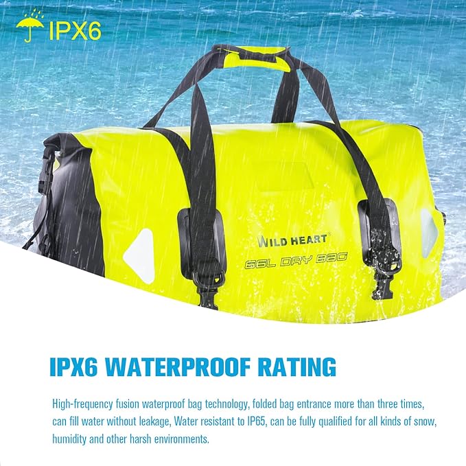 WILD HEART Waterproof Motorcycle Duffel Bag PVC500D Double-bottom With Rope Straps and Inner Pocket 40L 66L 100L for Kayaking Camping BoatingMotorcycle