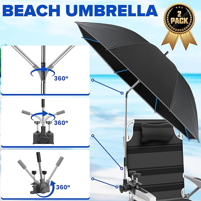 Beach Umbrella2PACK 48.7inch Chair Umbrella with Clamp adjustable 360°UV Protection Large Camping Chair Umbrellas for Camping chair Glof CartTable(ChairTable not include)