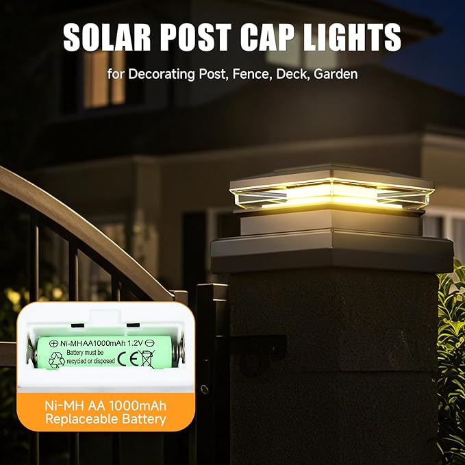 Solar Post Cap LightsFence Post Solar Lights 8 Pack Waterproof Outdoor Light for Garden Deck Patio Black Deck Posts Light with 2 Color ModesFor 4x4 5x5 6x6 Wooden/Vinyl/Aluminium Posts