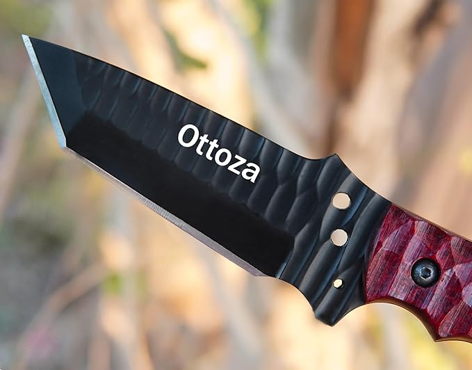 Ottoza Tanto Tactical Knife with Fixed Blade and Horizontal Carry Leather Sheath - Compact Military EDC Knife - Dark Red Micarta Handle 381
