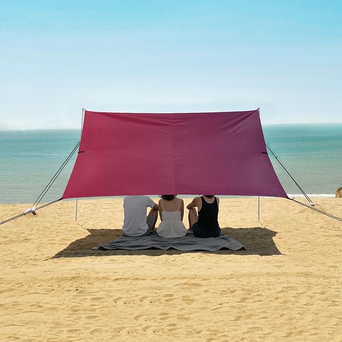 Red Purple Gradient Beach Tent &amp Canopy UPF50+ Protection Water-Resistant Large Sun Shelter with Sandbags Sand Shovel Poles for Camping Fishing Backyard Fun
