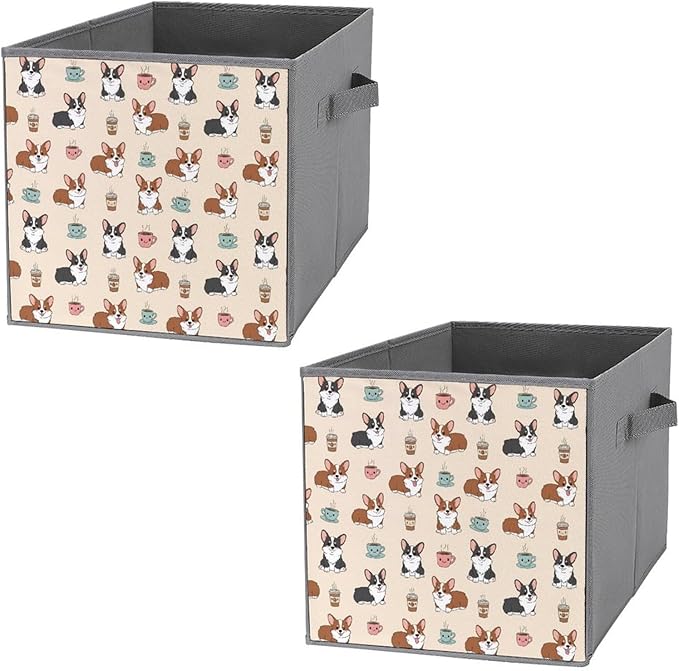 Foldable Storage Box with Handles Coffee Corgi Durable Collapsible Cube Bin for Organizing Toys Books Clothes Versatile Home &amp Office Solution