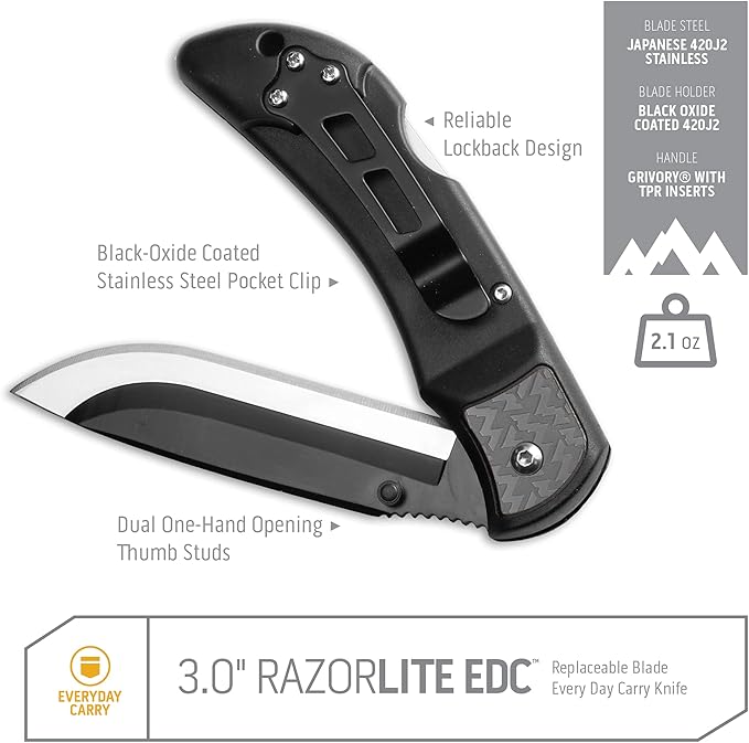 OUTDOOR EDGE 3.0 RazorLite EDC - Replaceable Blade EDC Folding Knife with Pocket Clip and One Hand Opening for Everyday Carry (Gray 4 Blades)