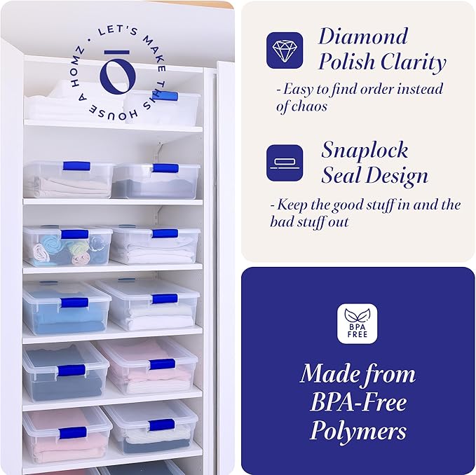 HOMZ 12-Pack Secure Latch Clear Plastic Storage Organizer Bins 15.5 Quart Blue - Stackable Container Boxes for Bedroom Bathroom Garage and Office Organization