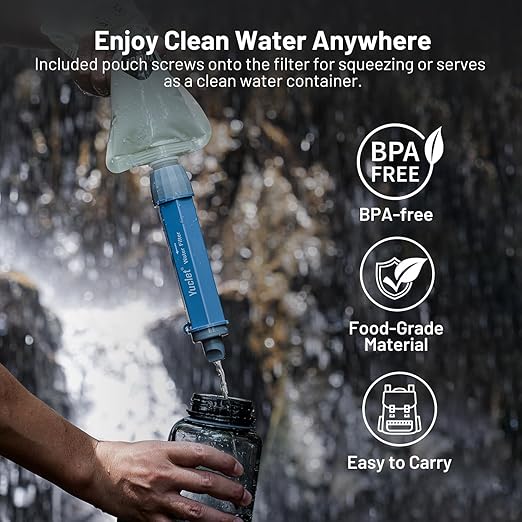 Squeeze Water Filtration System for Hiking Camping Travel and Emergency Preparedness (5 Water Filter Straw 4 Squeezable 34-Oz Water Pouch)