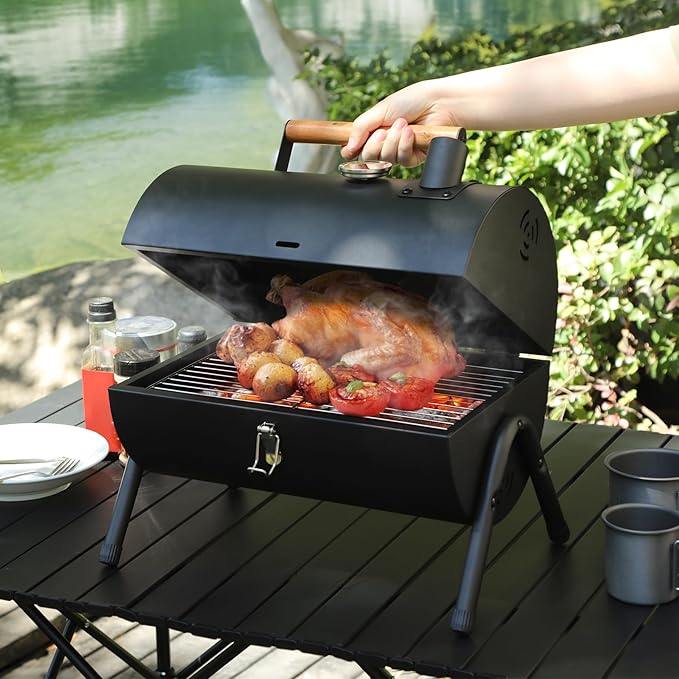 REDCAMP Portable Charcoal Grill with Thermometer Heavy-Duty Thick Steel &amp Foldable Design Compact Small Tabletop Barbecue Grillfor Camping Backyard Beach - Easy Assembly Dual Grilling Zones