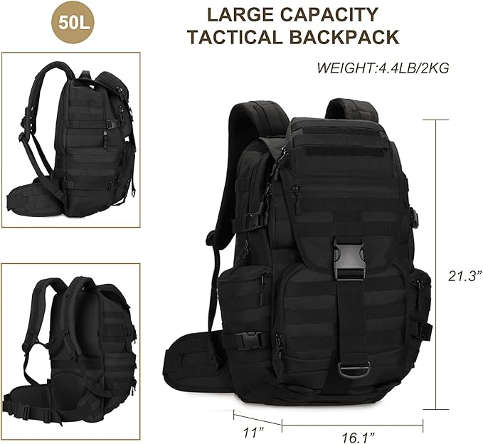 50L Military Tactical Backpack Molle Rucksack Large Army 3 Day Assault Pack Heavy Duty Backpack for Men (Black)