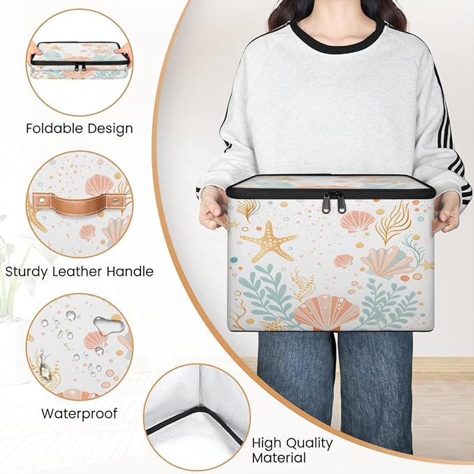 Storage Bin with Lid Ocean Shells Stackable Closet Storage Bins Decorative Bedroom Organizer Box Lidded Baskets Living Room Storages Boxes Cube Organizer Cute Container with Handles