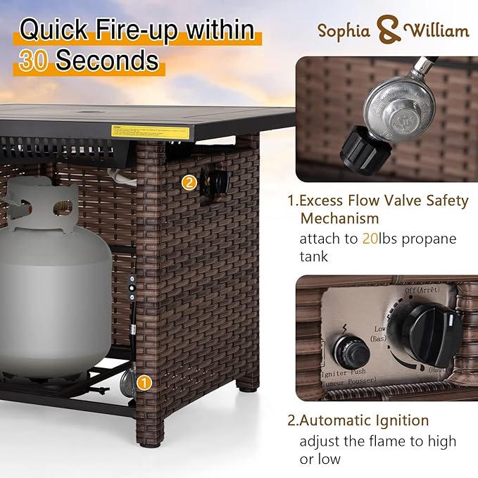 Sophia &amp William 32 Inch Gas Fire Pit Table Outdoor Rattan Propane Fire Table &amp Fireplace with Fire Glass Lid 50000 BTU Firepits for Outside Patio