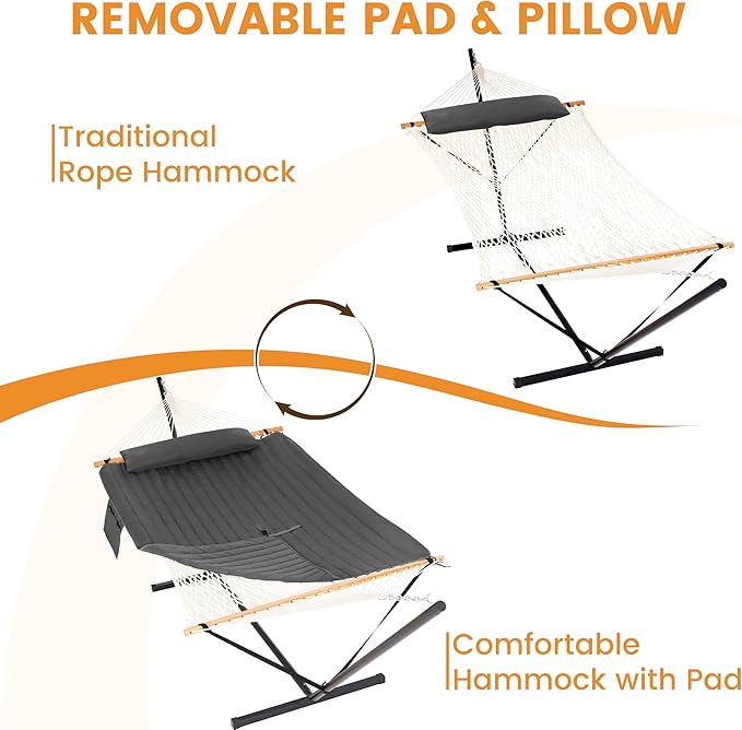 Lazy Daze Hammocks 2 Person Portable Hammock with 12FT Stand Double Hand Woven Cotton Rope Hammock with Detachable Quilted Pad &amp Pillow for Outside 450lb Capacity Grey