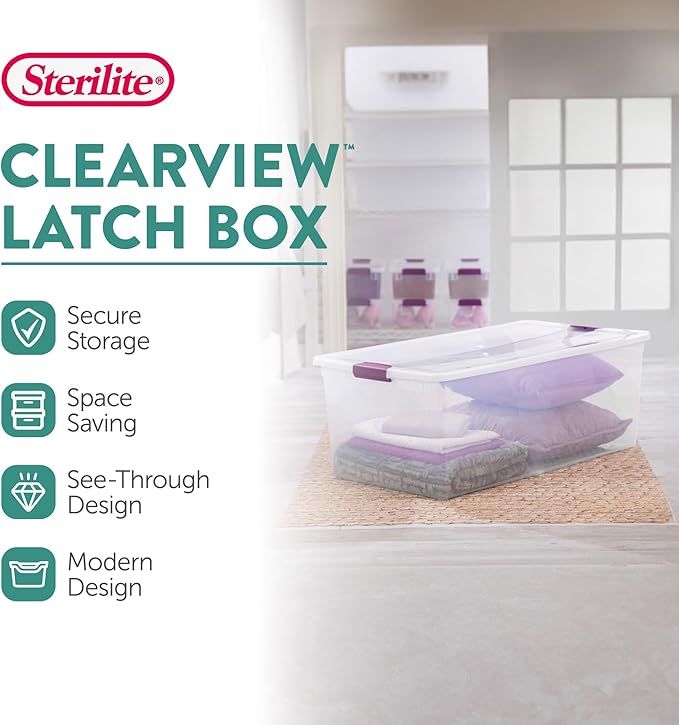 Sterilite 12-Pack 110 Quart ClearView Latch Box Stackable Organizer Bins with Latching Lids - Clear Plastic Organization Containers for Closet Bedroom Shelving Units and Everyday Home Storage