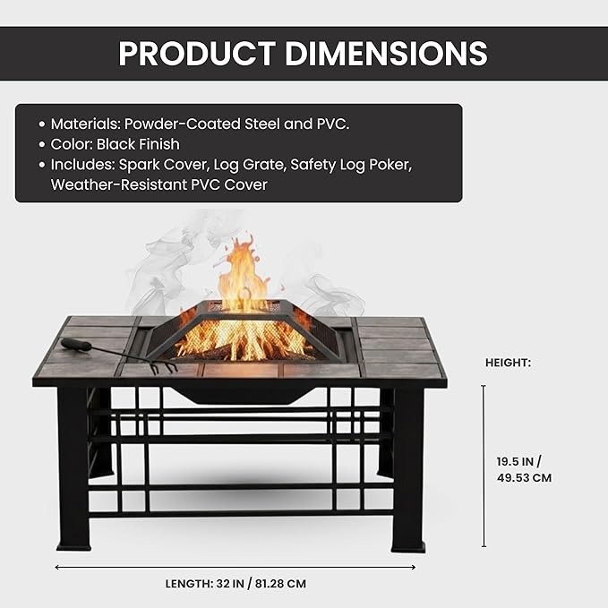 Fire Pit Set Wood Burning Pit - Includes Spark Screen and Log Poker - Great for Outdoor and Patio 32” Square Tile Firepit by Pure Garden