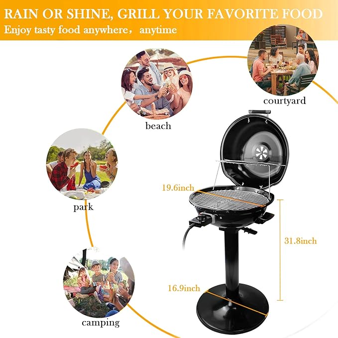 Electric BBQ Grill Techwood 15-Serving Indoor/Outdoor Electric Grill for Indoor &amp Outdoor Use Double Layer Design Portable Removable Stand Grill 1600W (Stand Black BBQ Grills)
