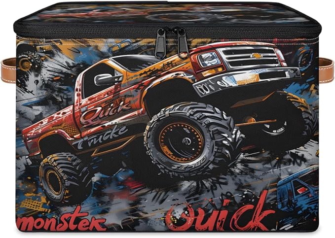 Storage Bin with Lid Stackable Closet Storage Bins Cool Trucks Decorative Bedroom Organizer Box Lidded Baskets Living Room Storages Boxes Cube Organizer Cute Container with Handles