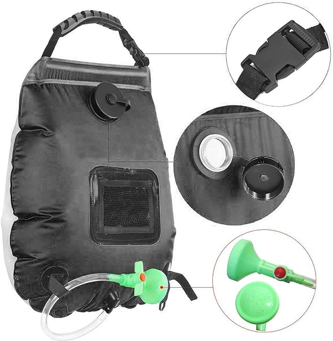 Solar Shower Bag 20L Camping Shower Bag with Switchable Shower Head Outdoor Bathing Essential for Beach Swimming Traveling Hiking Climbing (Black)