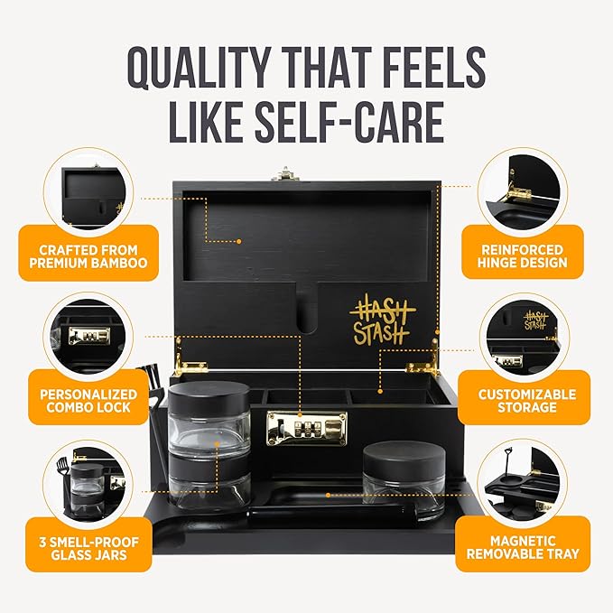 HASHSTASH The OG Storage Box - Large Bamboo Box with Combination Lock Magnetic Lid Organizer Tray Airtight Tube and 3 Jars - Discreet Decorative Locking Wooden Box with Accessories (Black/Gold)