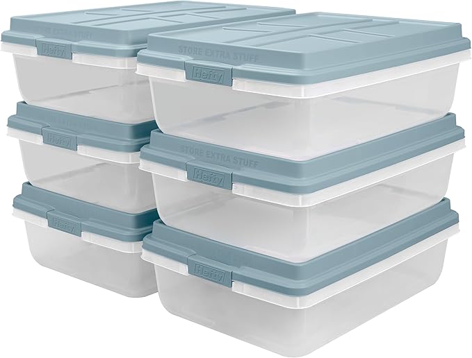 Hefty HI-RISE 40 Qt Stackable Storage Bins with Lids – 6 Pack Clear Plastic Under Bed Storage Containers Shoe Organizer Boxes with XL Lid-Locking Latches Comfort-Grip Handles Durable Double Rim