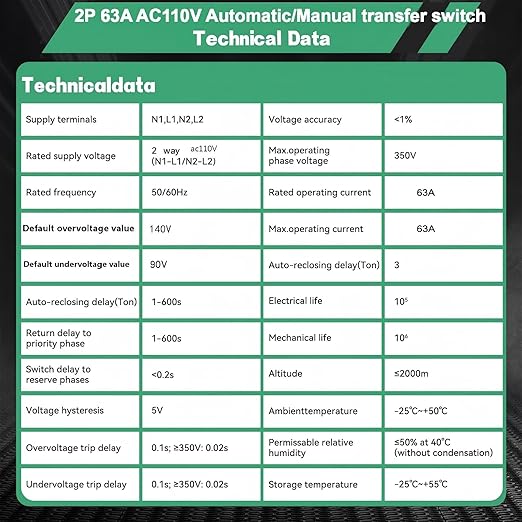 63 amp AC110V Automatic/Manual Transfer Switch with LED Display 50/60Hz 2P 63A ATS Auto Dual Power Outdoor Changeover Switch for Home Generator L1 Priority Din Rail Mount Selector Transfer Switches