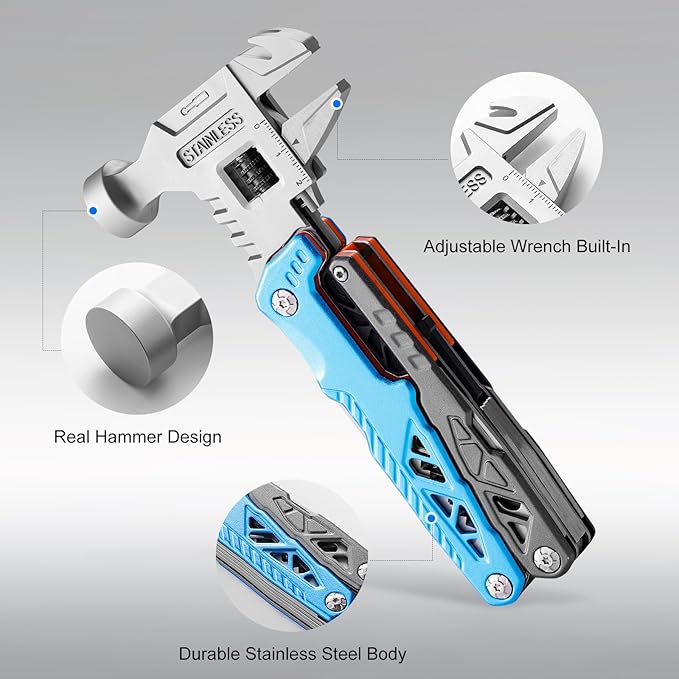 18-in-1 Multitool with Hammer &amp Adjustable Wrench Heavy-Duty Stainless Steel Folding Multi Tool Pliers for Camping Survival &amp Emergency Practical Gifts for Men &amp Dad (Blue)