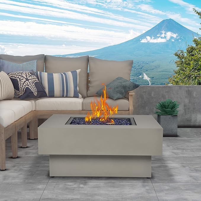 Propane Fire Pit Table 32.5-inch 50000 BTU Outdoor Gas Fire Table for Patio w/Lid Glass Rocks Cover Pre-Attached 10ft Propane Hose Flint Gray