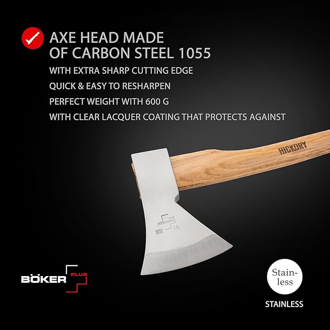 BÖKER PLUS® Appalachian Axe Small - Small Carbon Axe with Short Hickory Wood Handle - bushcraft Outdoor &amp Survival - Professional - with Rhenish Head 21.16 oz Made of Carbon Steel 1055