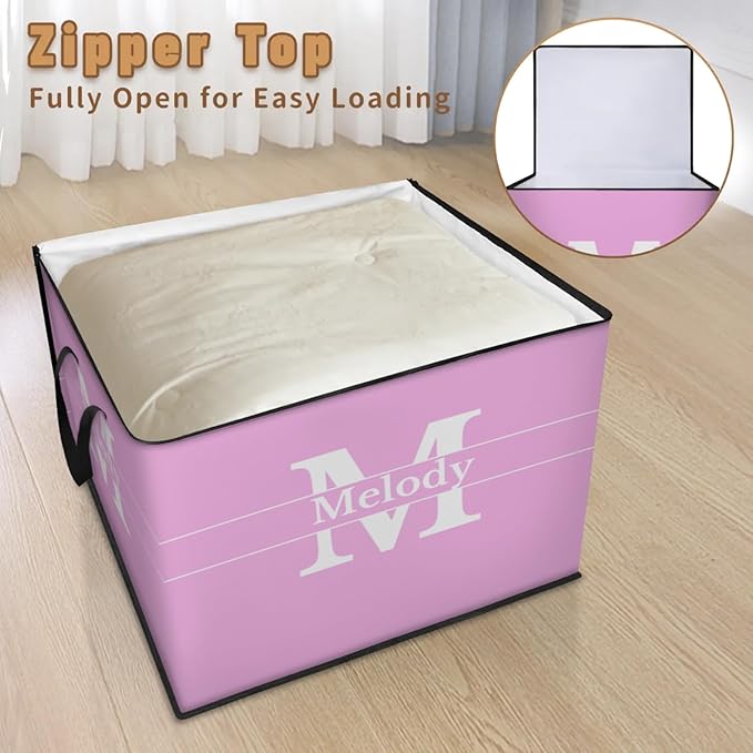 Personalized Name Large Storage Basket with Lid Pink Canvas Storage Bins Quilt Clothes Organizer with Initial Letter for Bedroom Kitchen Bathroom Nursery Shelves Closets