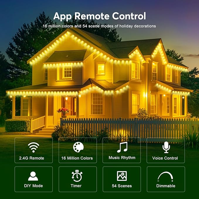 Permanent Outdoor Lights Pro 50ft RGB LED Eaves Lights IP67 Waterproof with Smart App&ampRemote Controlfor ChristmasParty Daily Halloween and All Holiday Decor