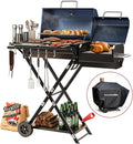 Portable Charcoal Grill with Smoking Function Foldable Suitcase Design with Wheels Multi-Tier Storage Rack &amp Waterproof Cover for Outdoor BBQ Parties (Blue)