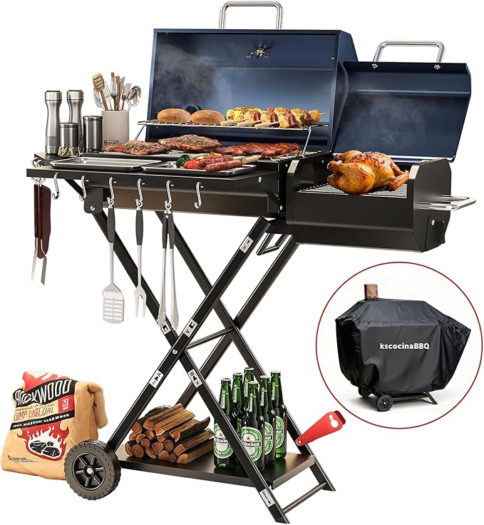Portable Charcoal Grill with Smoking Function Foldable Suitcase Design with Wheels Multi-Tier Storage Rack &amp Waterproof Cover for Outdoor BBQ Parties (Blue)