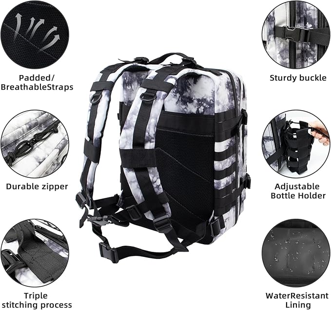 45L Large Tactical Military Backpack for Women and Men Assault Pack Army 3 Day Molle Bug Out Bag with Adjustable Water Bottle Holder Gym EDC Daypack Rucksack for Camping Motorcycle Balck White Camo