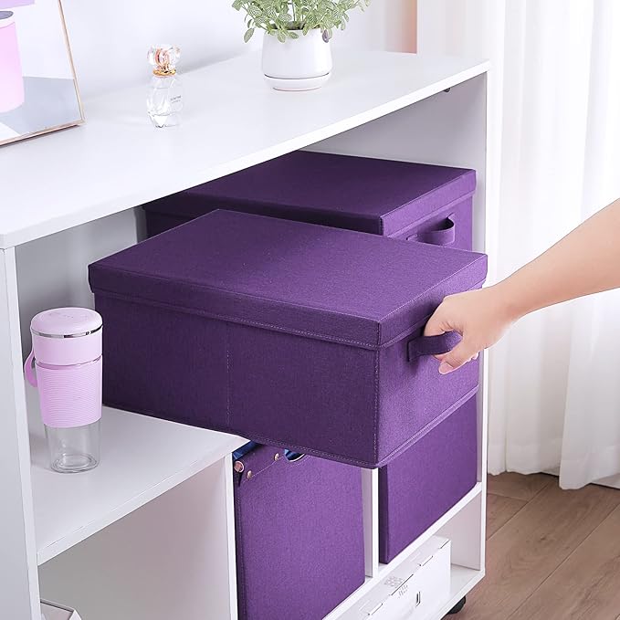 HOONEX Storage Bins with Lids for Organizing Pack of 2 Storage Boxes with 2 Carry Handles and Sturdy Heavy Cardboard 16.5 L x 11.8 W x 7.5 H for Shoes Books Clothes Nursery Dark Purple