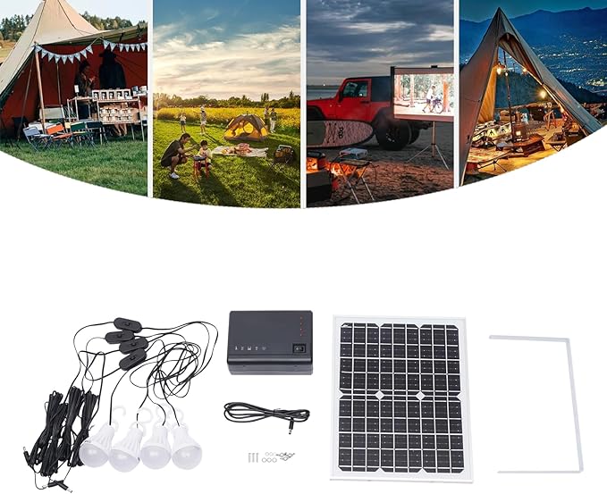 Solar Inverter with Solar Panel &amp 4 LED Lights 12V 4A Portable Power Generator Kit Emergency Energy Storage with USB DC Outlets Power Station for Home Backup Outdoors Camping Travel Hunting RV