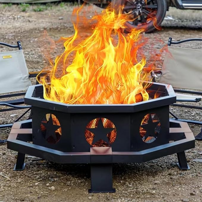 Panovue 42 inch Fire Pit for Outside Heavy Duty Wood Burning Fire Pits with Fire Poker Outdoor Octagonal Firepit for Camping Yard Patio