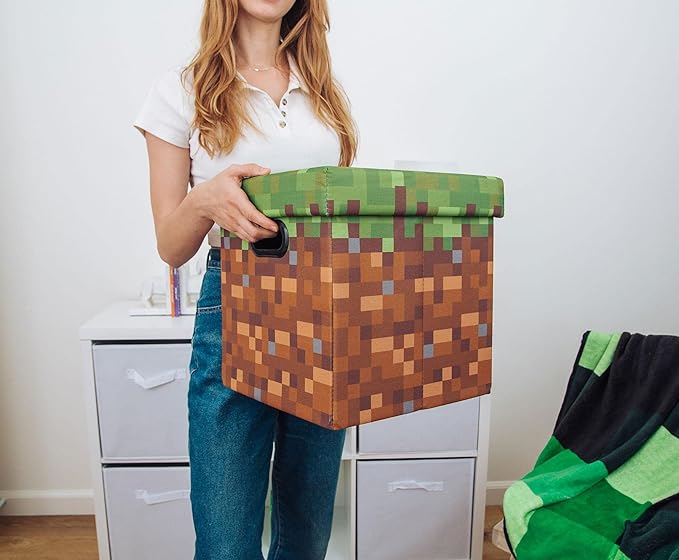 Minecraft Grassy Block 13-Inch Storage Bin Chest with Lid | Foldable Fabric Basket Container Cube Organizer with Handles Cubby for Shelves Closet | Home Decor Essentials Video Game Gifts