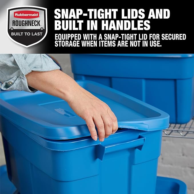 Rubbermaid Roughneck Tote 14 Gal 6 Pack Made in USA Heritage Blue Rugged Plastic Stackable Storage Bins with Lids and Handles